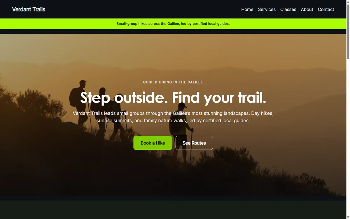 Verdant Trails, a guided hiking tours website built by UpSailor