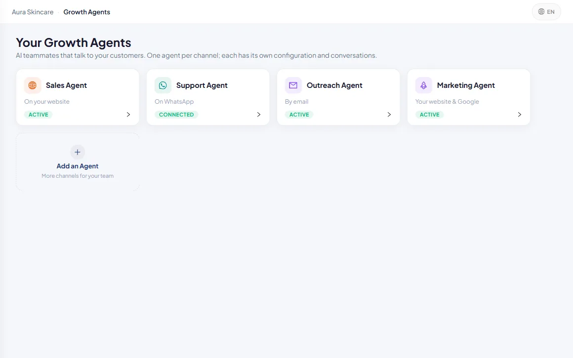 The Growth Agents hub: sales, support, outreach and marketing agents, all on